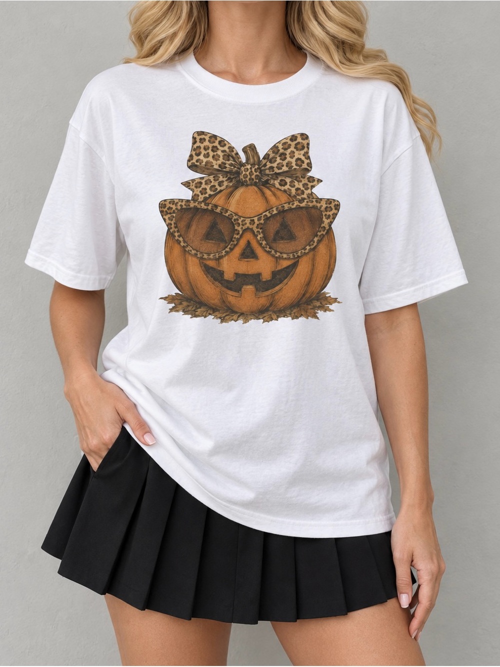 Leopard Print Pumpkin Sunglasses Spooky Aesthetic Statement Womens Graphic Tee